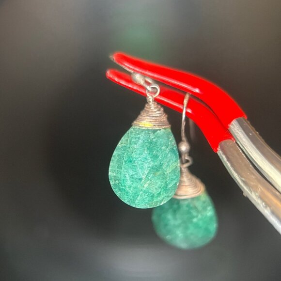 925 Silver Hook Green Stone Dangle Earrings - Picture 3 of 5